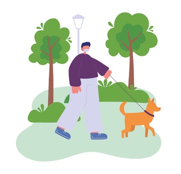 young man with medical mask walking her dog in the park vector