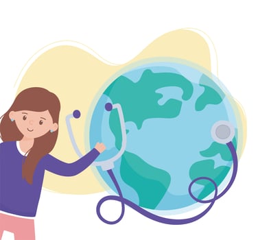 girl with stethoscope and world, save the planet protection against coronavirus covid 19, protect nature and ecology concept vector
