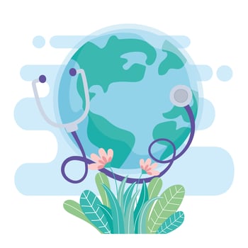 world with stethoscope and flowers, save the planet protection against coronavirus covid 19, protect nature and ecology concept vector
