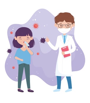 health online, doctor with mask and patient with cough vector