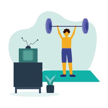 Man doing exercise with weight at home vector design
