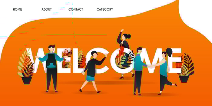men, women and people who get acquainted with each other in the words WELCOME. the team shook hands to greet and introduce themselves  for web page, banner, presentation, concept Vector illustration