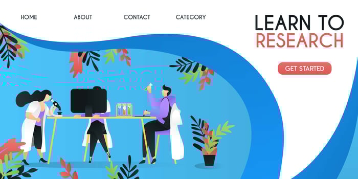 learn to research in laboratory. scientists are studying on the table with computers and microscopes, vector template background isolated, can be use for presentation, web, banner ui ux, landing page