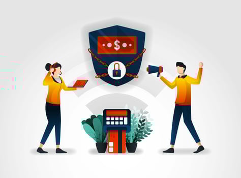flat character. Banking guarantees the security of customer financial data. financial sector also works with consultants to audit security alarm systems that purchased from security guard agencies vector