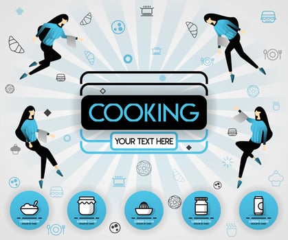 blue vector illustration concept. Cooking book and food cover book.  healthy cooking recipe and delicious food cover can be for, magazine, cover, banner, cookbook, book, mobile UI. flat cartoon style