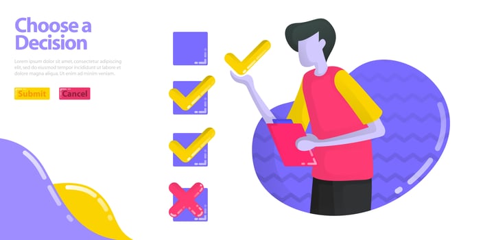 Illustration choose a decision. men are filling out surveys and examinations. Specifies the check or cross option. flat vector concept for Landing page, website, mobile, apps ui, banner, poster, flyer