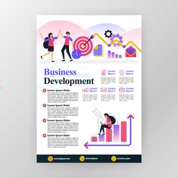 Business development poster concept. increase profits in company with vector flat cartoon illustration. flyer business pamphlet brochure magazine cover design layout space for A4 size print template