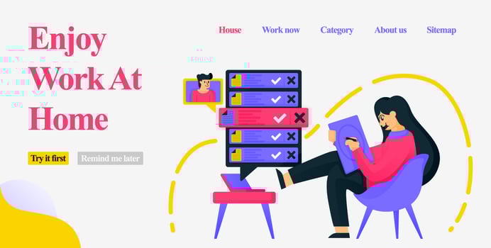 Design a girl sitting in a home chair casually and working as a freelancer by designing, getting orders and meeting clients on the internet. Flat vector illustration concept for Landing page, website