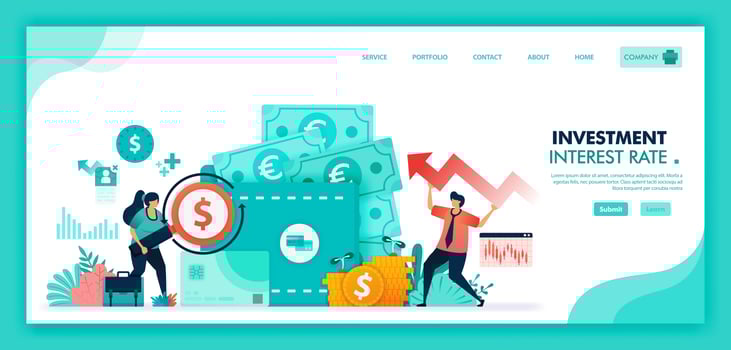 Save money in time deposit, bank and wallet, Increase interest rates to improve economy, Banking investment with mutual fund financial product and currency market. Flat illustration vector design.