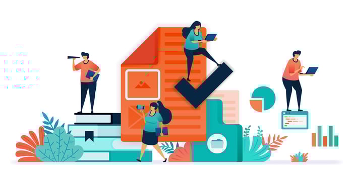 Paperwork, tick, check vector design. Check or approve work document. Verify logo on submitted job interview document sheet. Check and Recheck answer sheets on exam question, quiz, business survey