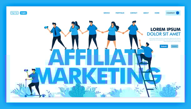 People join hands and invite in affiliate program, Refer a friend to looking for many downline and reseller, Network and seo optimization in marketing and business. Flat illustration vector design.