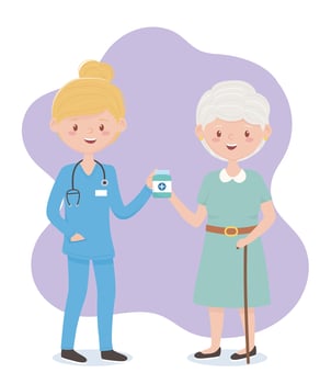 female nurse and grandma with medicine bottle, doctors and elderly people vector