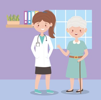 female physician and grandma with stick cane, doctors and elderly people vector
