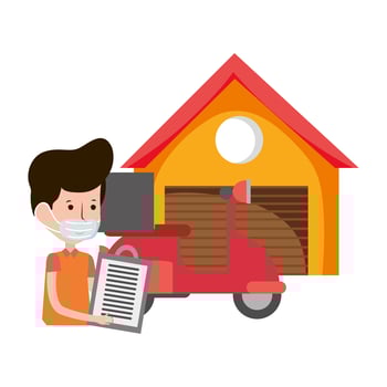 delivery man motorcycle warehouse ecommerce online shopping covid 19 coronavirus vector