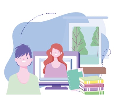 online training, teacher explaining lesson computer books, courses knowledge development using internet vector