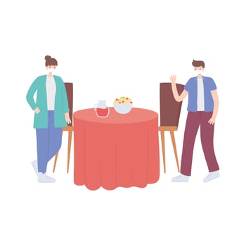 restaurant social distancing, man and woman preventive measures steps to protect yourself, people with medical face mask, covid 19 coronavirus vector