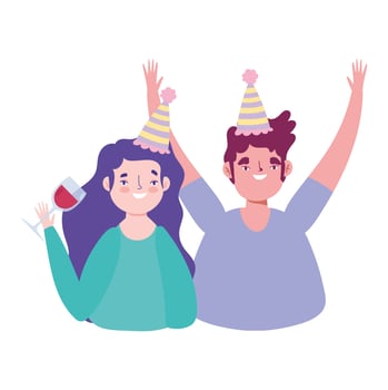 online party, birthday or meeting friends, woman and men young together characters vector
