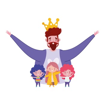happy fathers day, beard dad with kids celebration vector