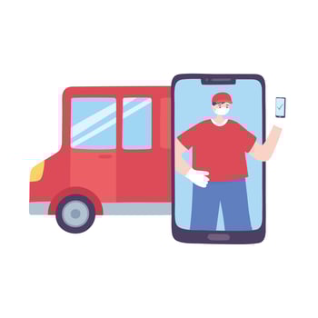covid-19 coronavirus pandemic, delivery service, delivery man online with smartphone and truck, wear protective medical mask vector