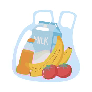 plastic bag with banana tomato juice and milk grocery purchases vector