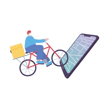 covid-19 coronavirus pandemic, delivery service, delivery man riding bike in map smartphone, wear protective medical mask vector