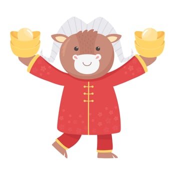 happy new year 2021 chinese, cartoon ox with clothes and gold vector
