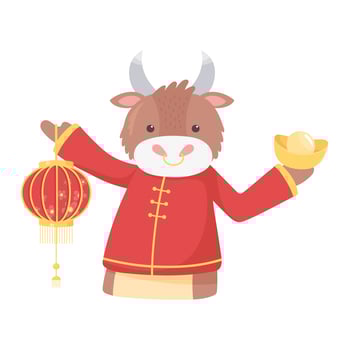 happy new year 2021 chinese, cartoon ox with lantern and gold vector