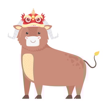 happy new year 2021 chinese, cartoon ox with asian decoration on head vector