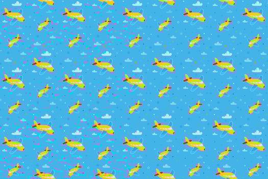 Blue airplane toy pattern design. Boys fabric print with airplane, clouds and stars. Baby boy pattern design vector