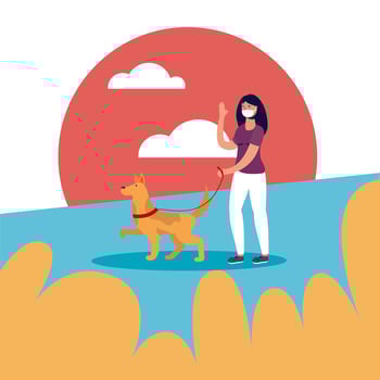 Woman with medical mask and dog at park vector design