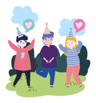 group of people together to celebrate a special event, men and woman with party hats in park celebrating vector