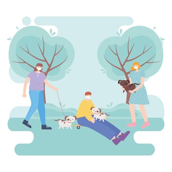 people with medical face mask, young man and women with dogs and skate in the park, city activity during coronavirus vector