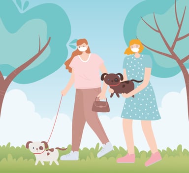 people with medical face mask, women walking with pets dog, city activity during coronavirus vector