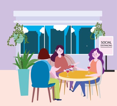 social distancing restaurant or a cafe, group women with glass wine in table, covid 19 coronavirus, new normal life vector