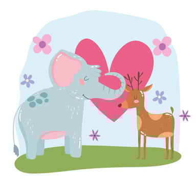 cute animals elephant and reindeer flowers hearts love adorable cartoon wild vector