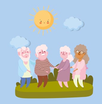 happy grandparents day, group elderly grandfathers and grandmothers in the park cartoon vector