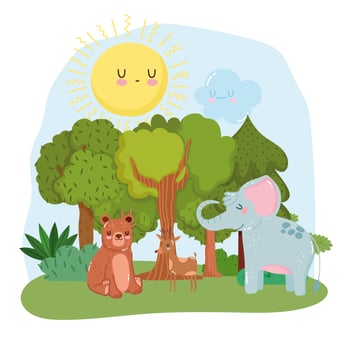 cute animals elephant bear and deer grass forest nature wild cartoon vector