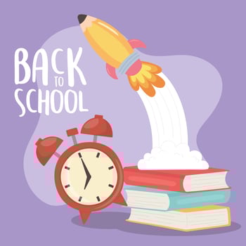 back to school, books alarm clock and rocket education cartoon vector