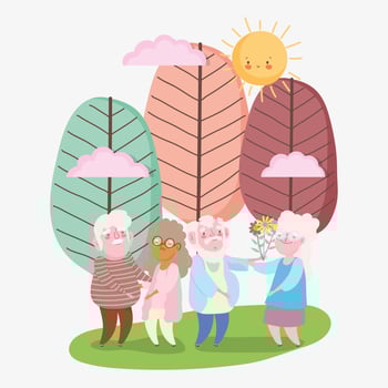 happy grandparents day, two couples old grandpa and grandma with flowers in park cartoon vector