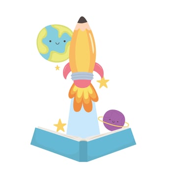 back to school, open book flying rocket and planets education cartoon vector