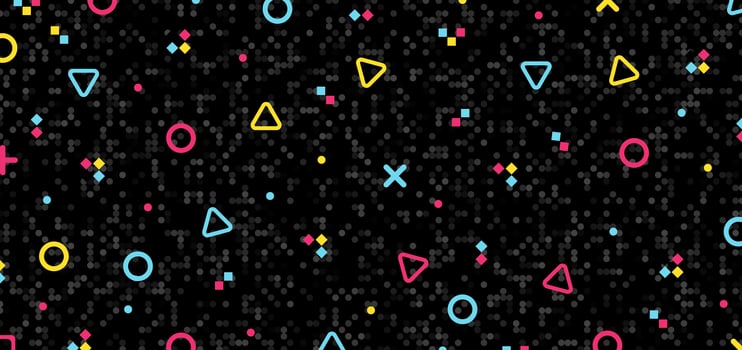 Abstract colorful geometric hipster pattern elements on black mosaic background and retro 80's texture. vector