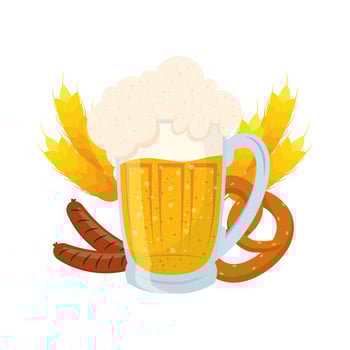 fresh beer in jar with spikes of barley and pretzel vector