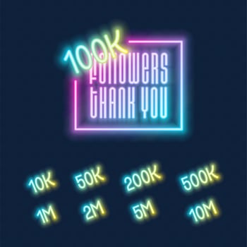 100K followers neon sign on the wall set vector