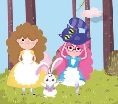 girls and rabbit grass tree forest nature vector