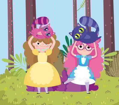 girls with cats foliage in wonderland vector
