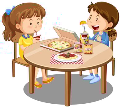 Two cute girl enjoy eating with food on the table on white background vector