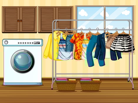 Clothes hanging on a clothesline with washing machine in the room scene vector