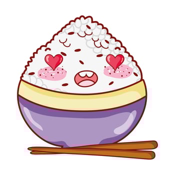 kawaii adorable rice in bowl food japanese cartoon, sushi and rolls vector