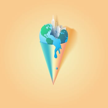 Paper art of Earth in an ice cream cone with New York City landmarks vector