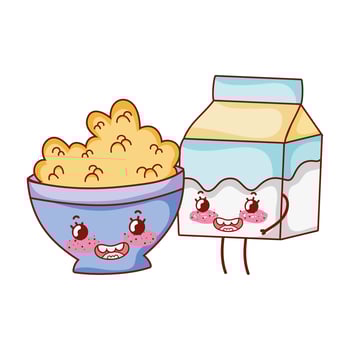 breakfast cute bowl with cereal and milk box cartoon vector